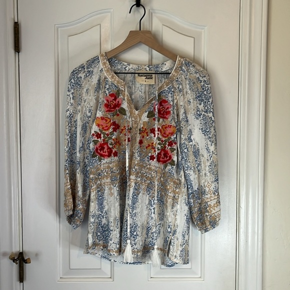 Savanna Jane | Floral Embroidered Boho Paisley Print Split Neck Blouse Small - Picture 2 of 11